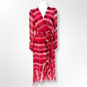 Milly 8 Midi Halley Prep Plaid Ruffle Long Sleeve Belted Dress Red Pink NEW